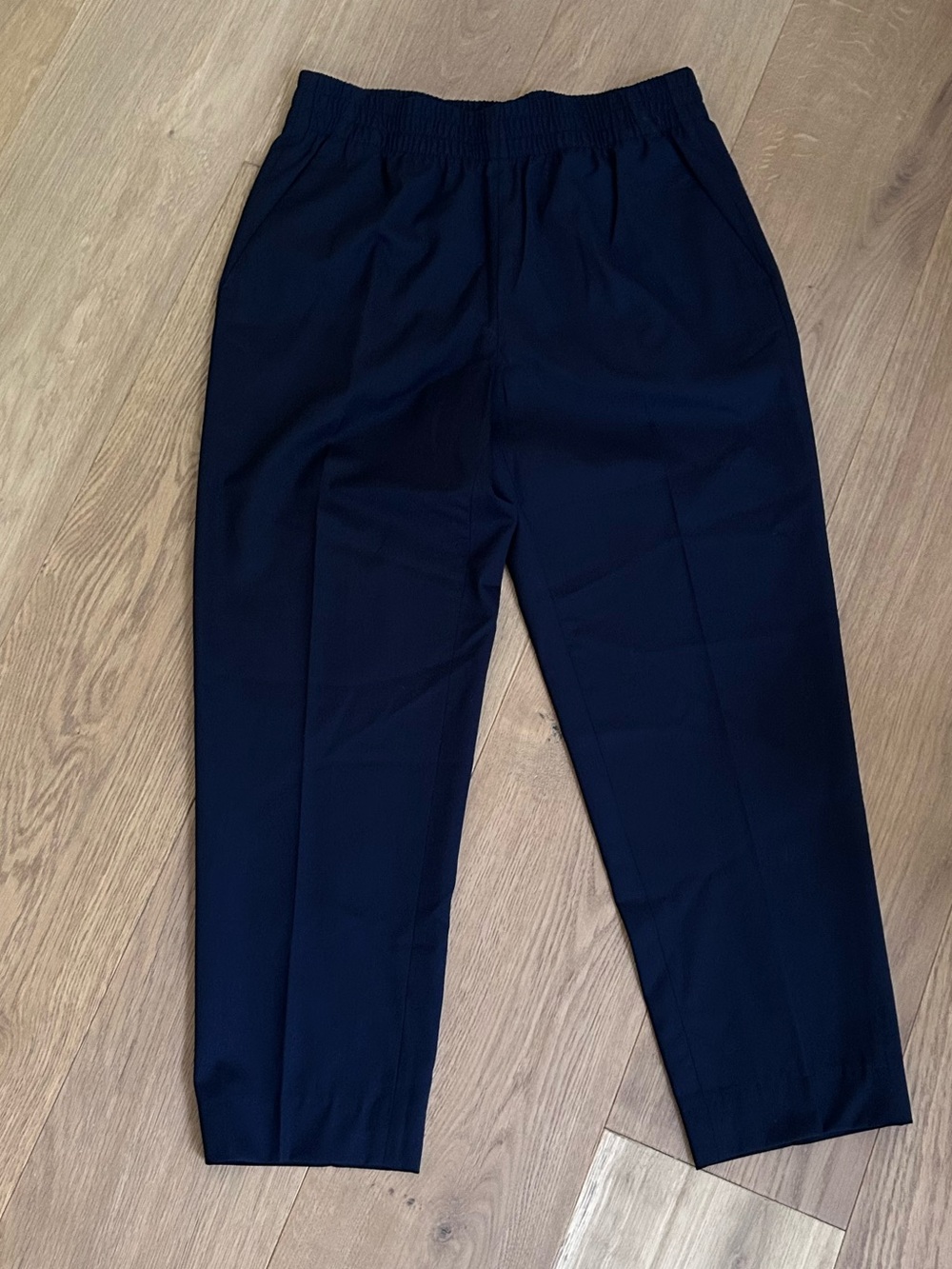 Everlane Navy Elastic-Waist Tapered Wool Pants (petite: 24” inseam)